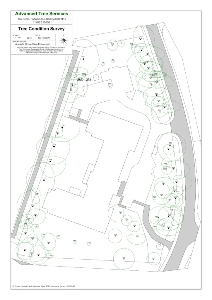 Example plan supplied with ATS tree surveys and reports showing individually referenced trees across a site